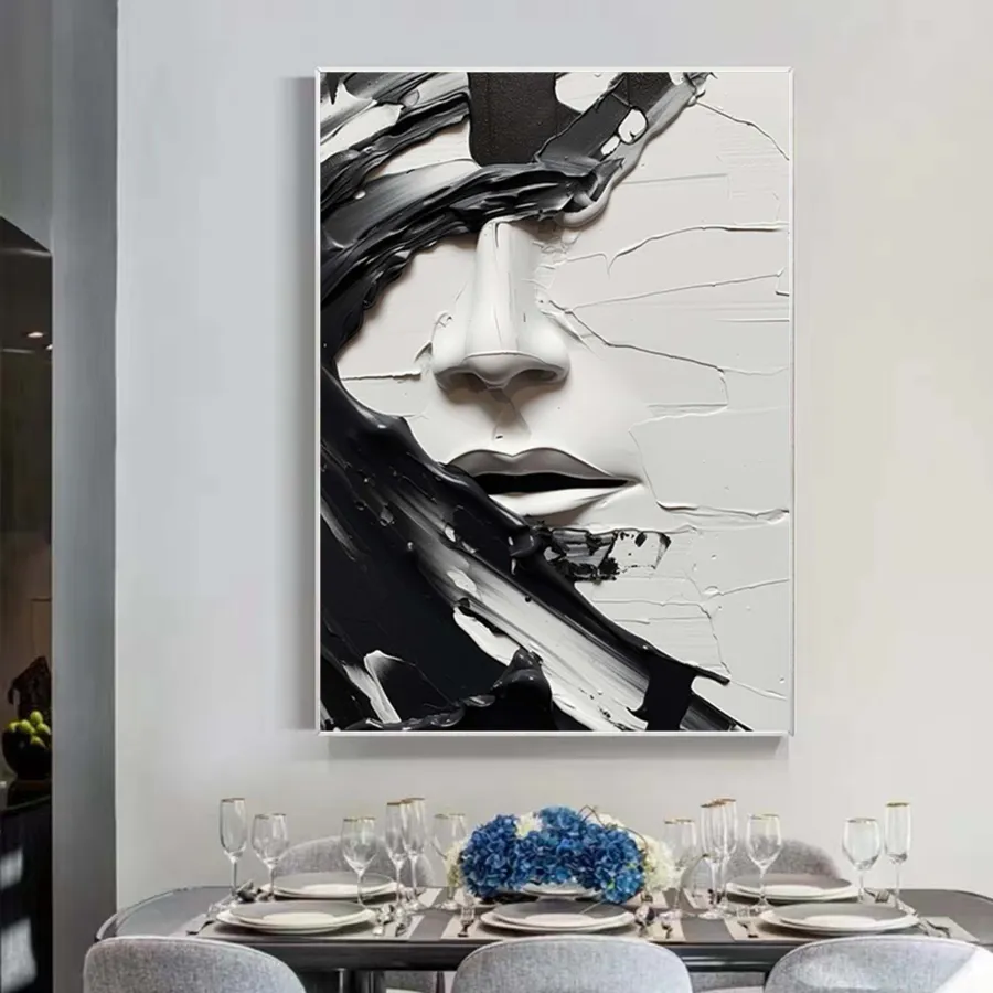 Minimalist Abstract Black and White Face Oil Painting - Textured Oversized Vertical Hand-Painted Art #ZZ199