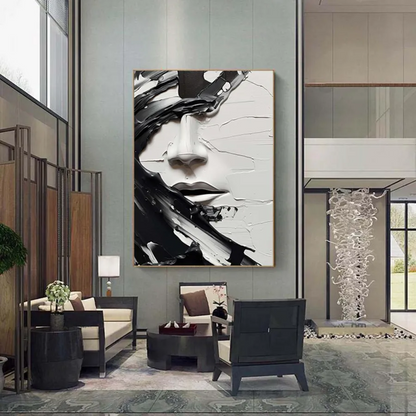 Minimalist Abstract Black and White Face Oil Painting - Textured Oversized Vertical Hand-Painted Art #ZZ199