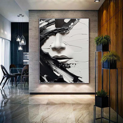 Minimalist Abstract Black and White Face Oil Painting - Textured Oversized Vertical Hand-Painted Art #ZZ199