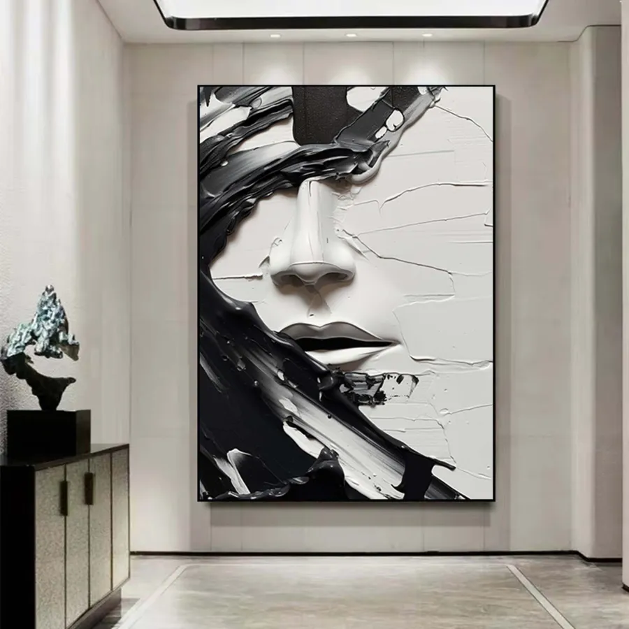 Minimalist Abstract Black and White Face Oil Painting - Textured Oversized Vertical Hand-Painted Art #ZZ199