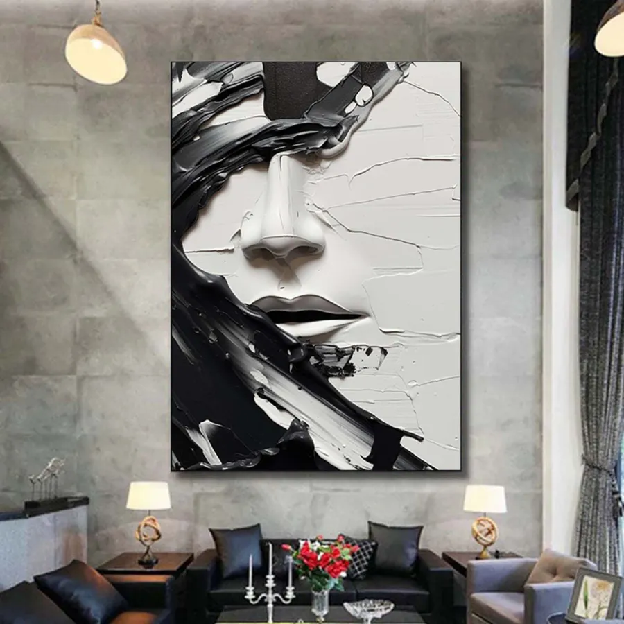 Minimalist Abstract Black and White Face Oil Painting - Textured Oversized Vertical Hand-Painted Art #ZZ199