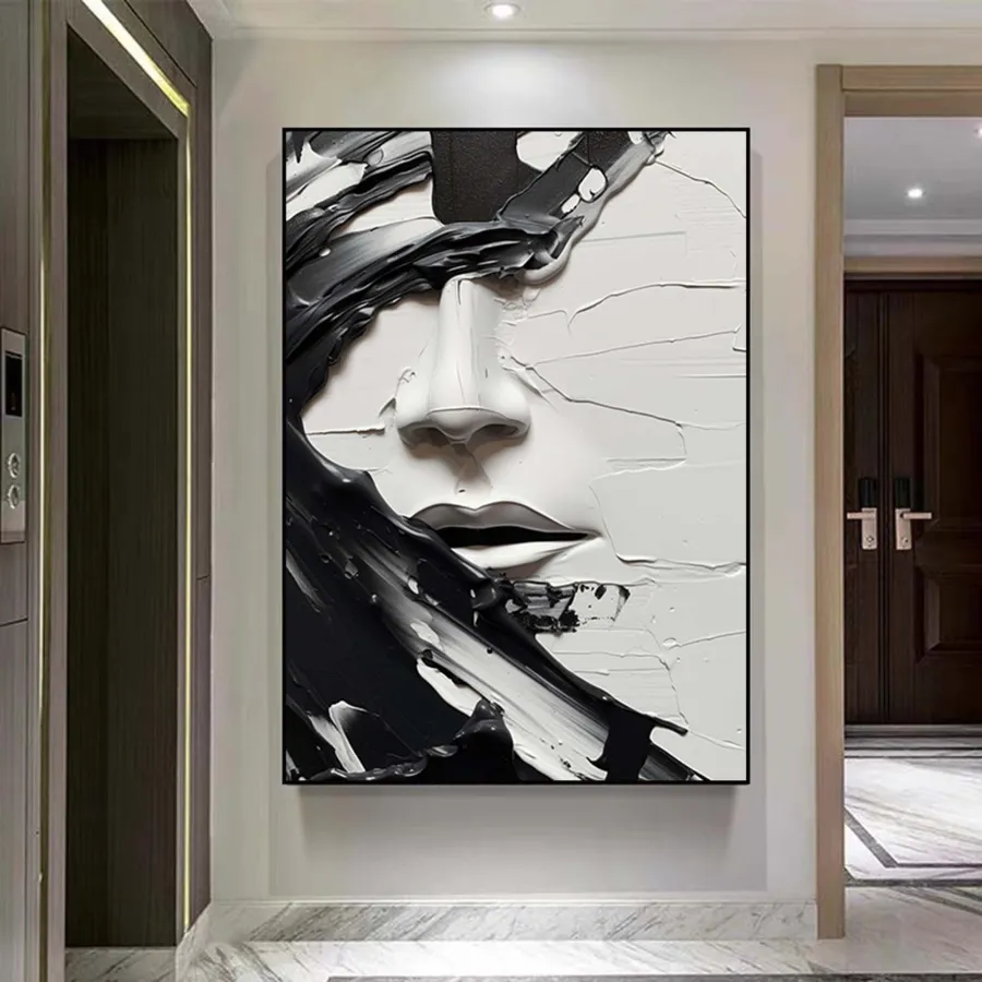 Minimalist Abstract Black and White Face Oil Painting - Textured Oversized Vertical Hand-Painted Art #ZZ199