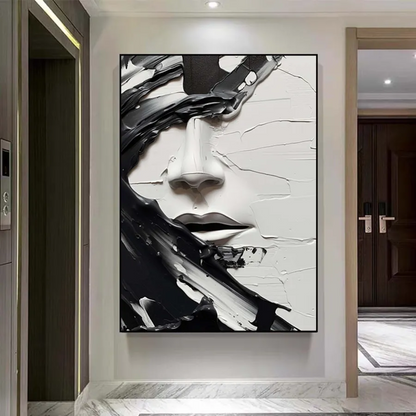 Minimalist Abstract Black and White Face Oil Painting - Textured Oversized Vertical Hand-Painted Art #ZZ199