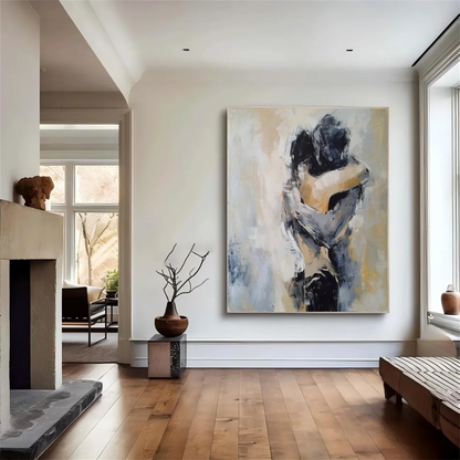 Minimalist Textured Couple Embrace Oil Painting - Large Vertical Hand-Painted Romantic Art #ZZ190