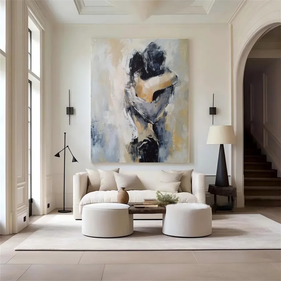 Minimalist Textured Couple Embrace Oil Painting - Large Vertical Hand-Painted Romantic Art #ZZ190