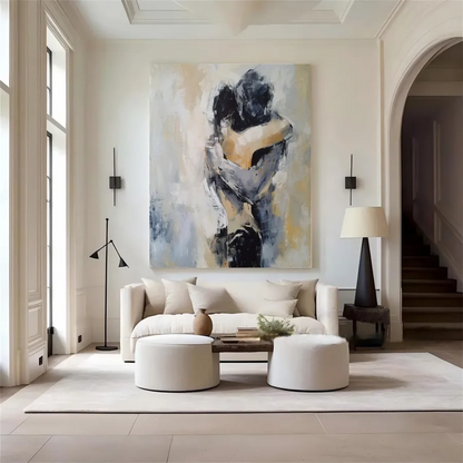 Minimalist Textured Couple Embrace Oil Painting - Large Vertical Hand-Painted Romantic Art #ZZ190