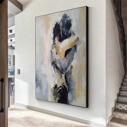 Minimalist Textured Couple Embrace Oil Painting - Large Vertical Hand-Painted Romantic Art #ZZ190