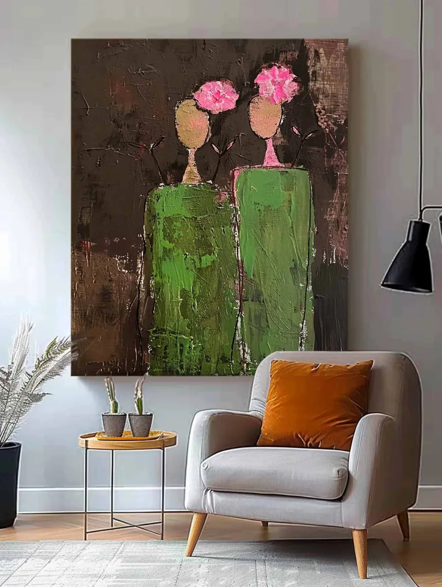 Minimalist Abstract Figures and Flowers Oil Painting - Textured Hand-Painted Contemporary Art #ZZ225