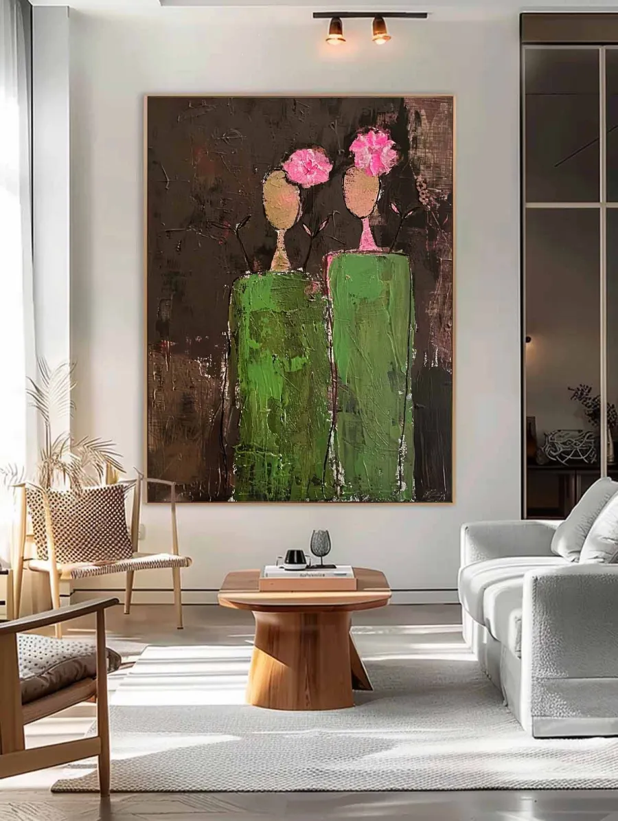 Minimalist Abstract Figures and Flowers Oil Painting - Textured Hand-Painted Contemporary Art #ZZ225