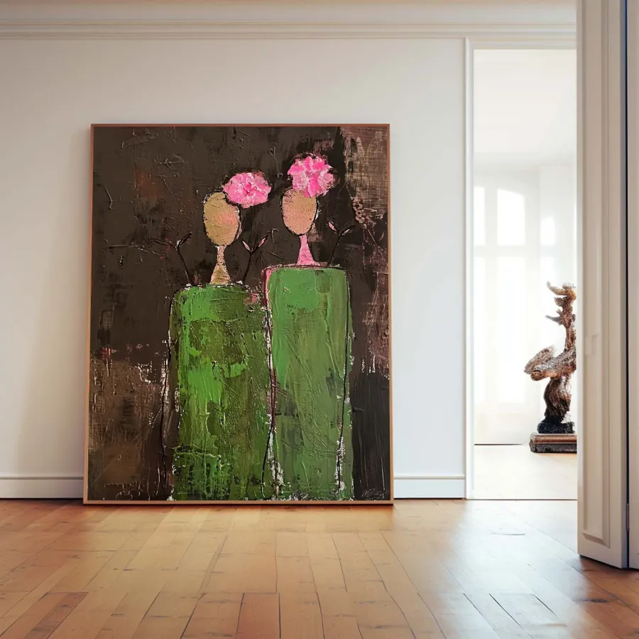 Minimalist Abstract Figures and Flowers Oil Painting - Textured Hand-Painted Contemporary Art #ZZ225