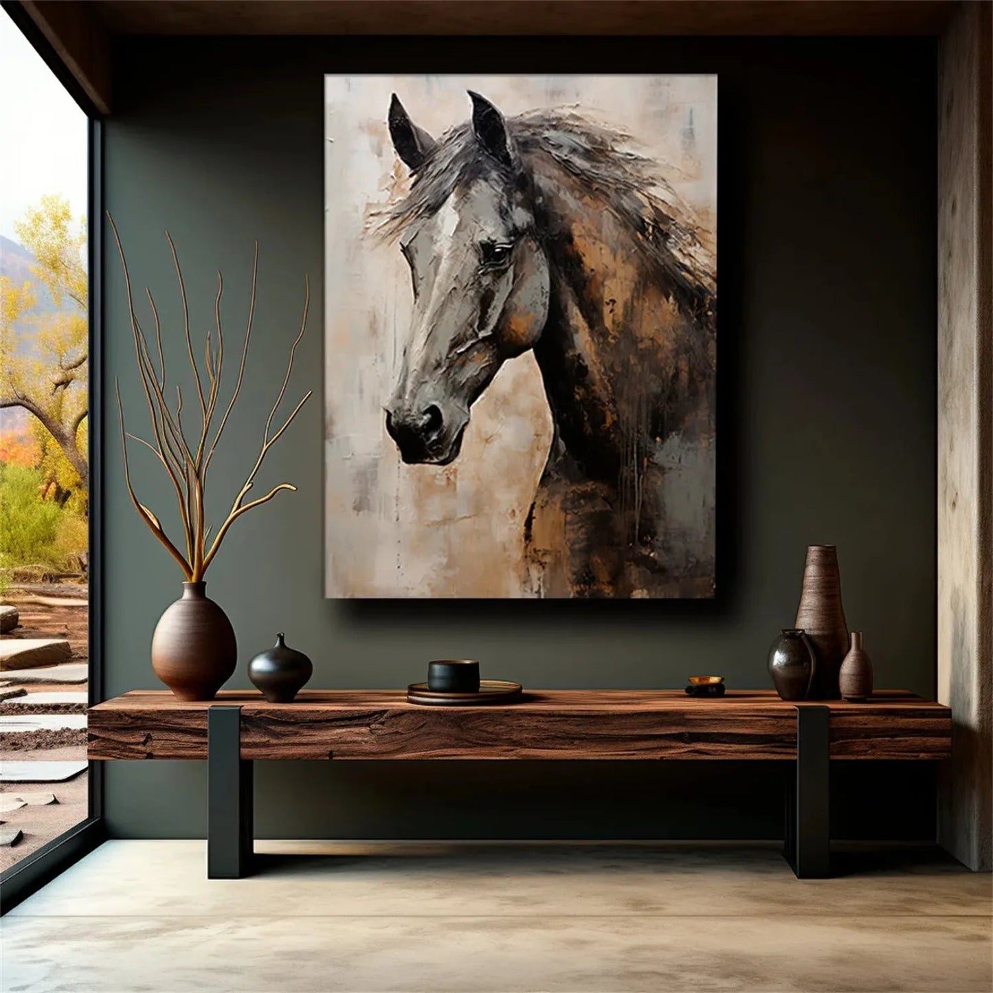 Minimalist Abstract Black Horse Oil Painting - Textured Hand-Painted Equestrian Art #ZZ021