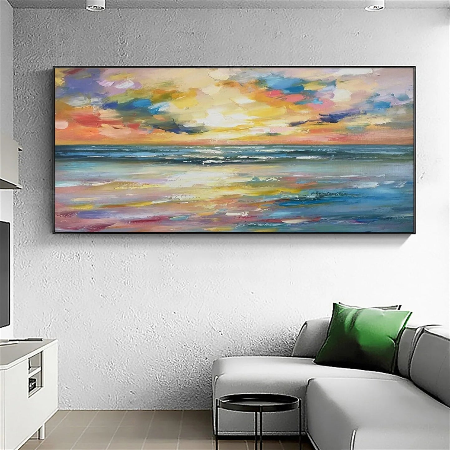 Modern Colorful Sunset Seascape Art - Large Hand-Painted Textured Ocean Oil Painting on Canvas #JJ192
