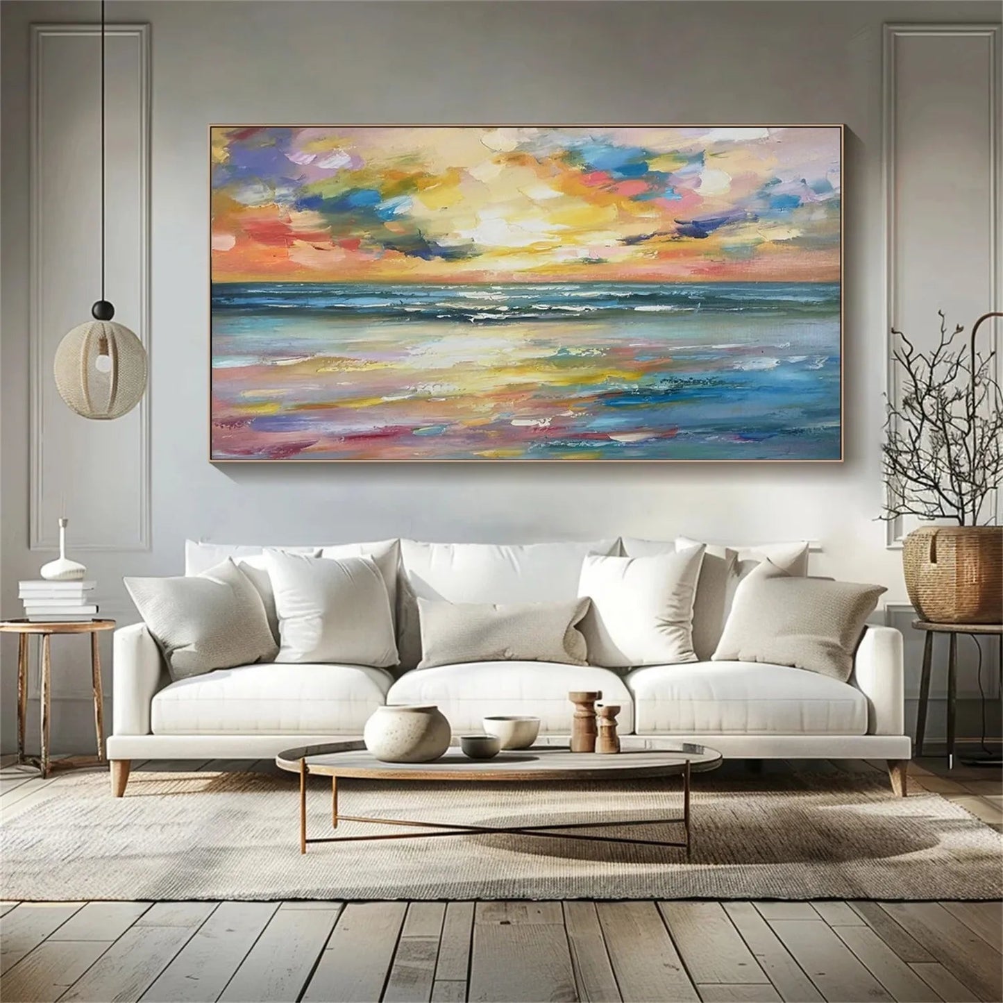 Modern Colorful Sunset Seascape Art - Large Hand-Painted Textured Ocean Oil Painting on Canvas #JJ192