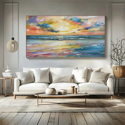 Modern Colorful Sunset Seascape Art - Large Hand-Painted Textured Ocean Oil Painting on Canvas #JJ192