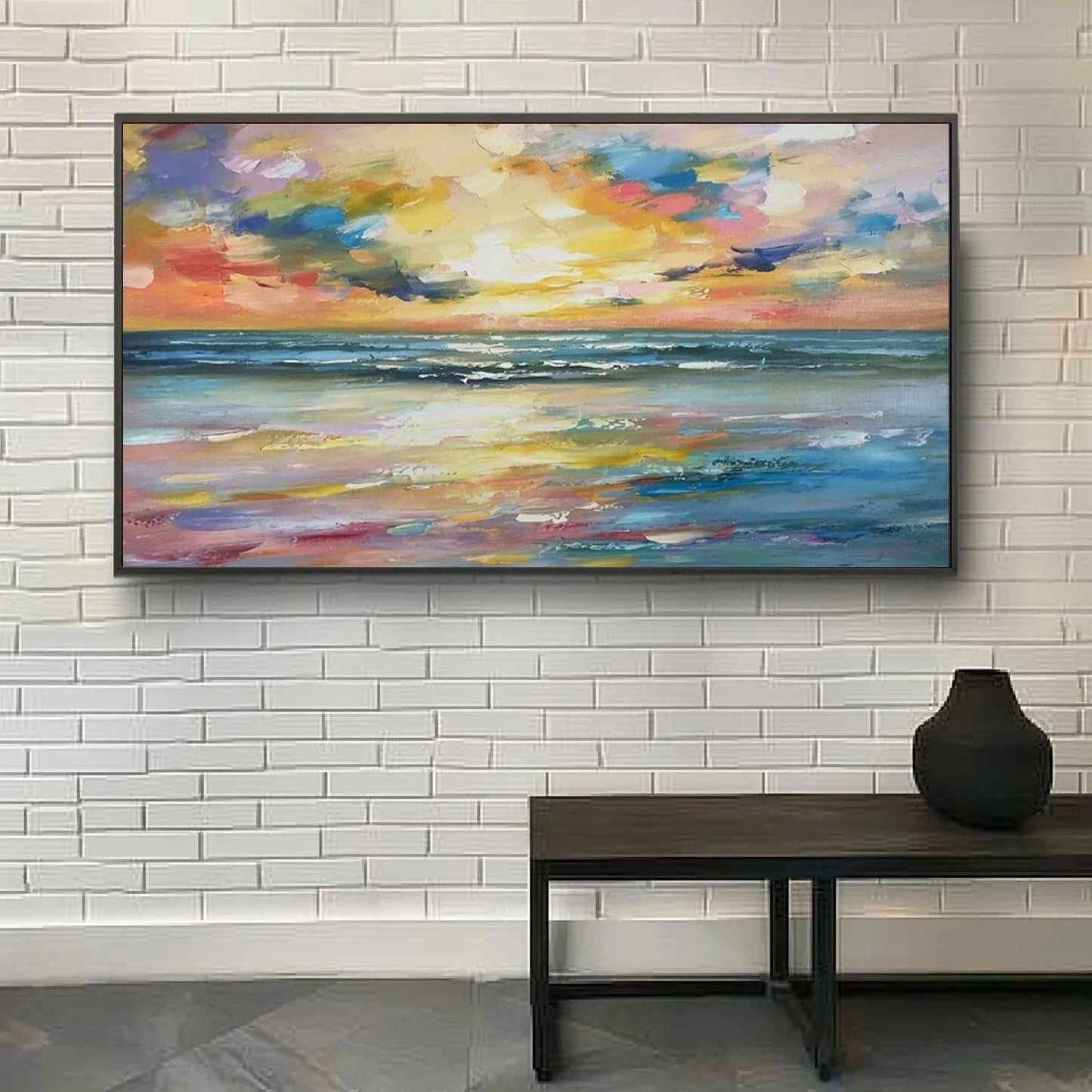 Modern Colorful Sunset Seascape Art - Large Hand-Painted Textured Ocean Oil Painting on Canvas #JJ192