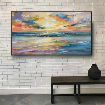 Modern Colorful Sunset Seascape Art - Large Hand-Painted Textured Ocean Oil Painting on Canvas #JJ192