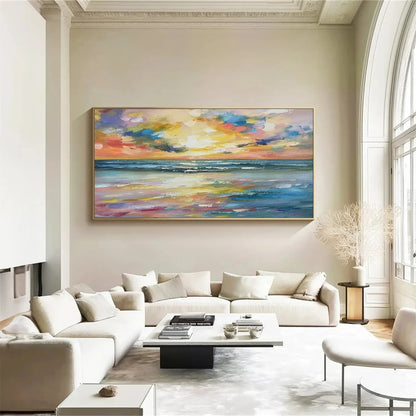 Modern Colorful Sunset Seascape Art - Large Hand-Painted Textured Ocean Oil Painting on Canvas #JJ192