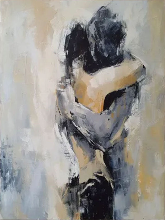Minimalist Textured Couple Embrace Oil Painting - Large Vertical Hand-Painted Romantic Art #ZZ190