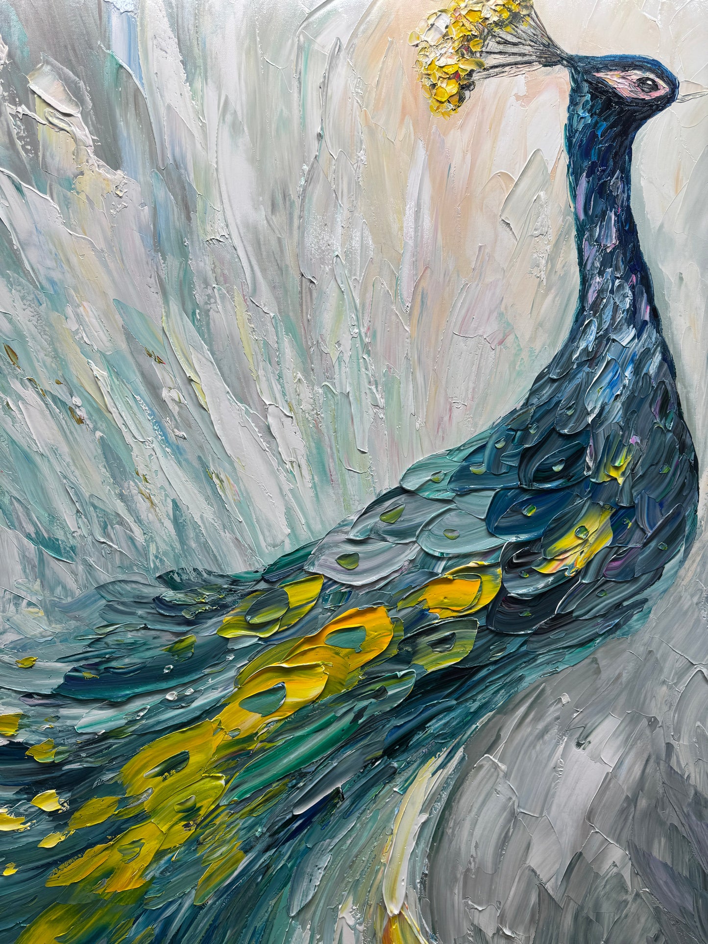 Minimalist Textured Peacock Oil Painting - Large White and Gold Bird Wall Art #ZZ206