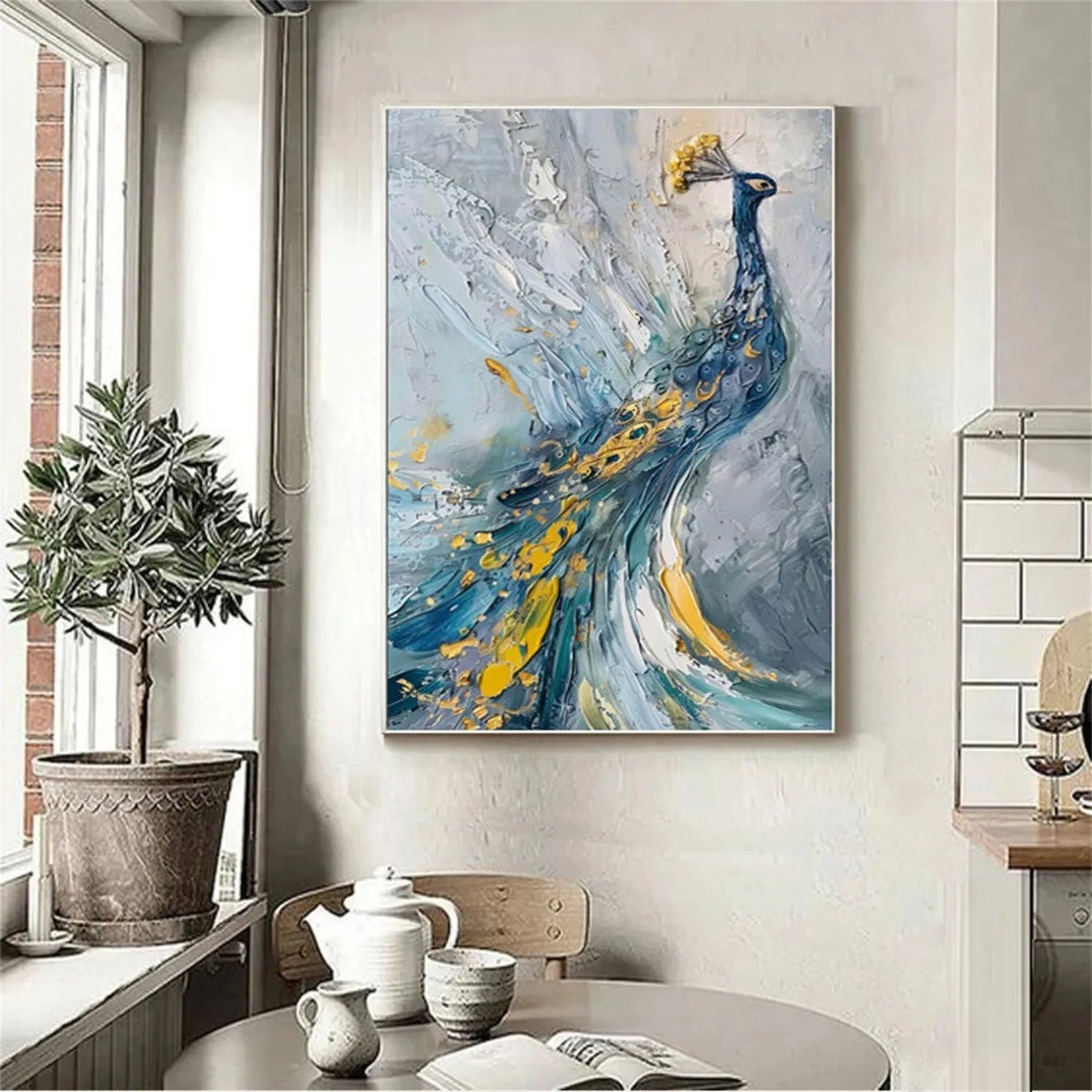 Minimalist Textured Peacock Oil Painting - Large White and Gold Bird Wall Art #ZZ206