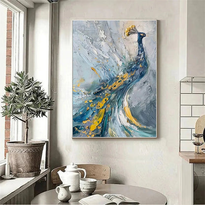 Minimalist Textured Peacock Oil Painting - Large White and Gold Bird Wall Art #ZZ206