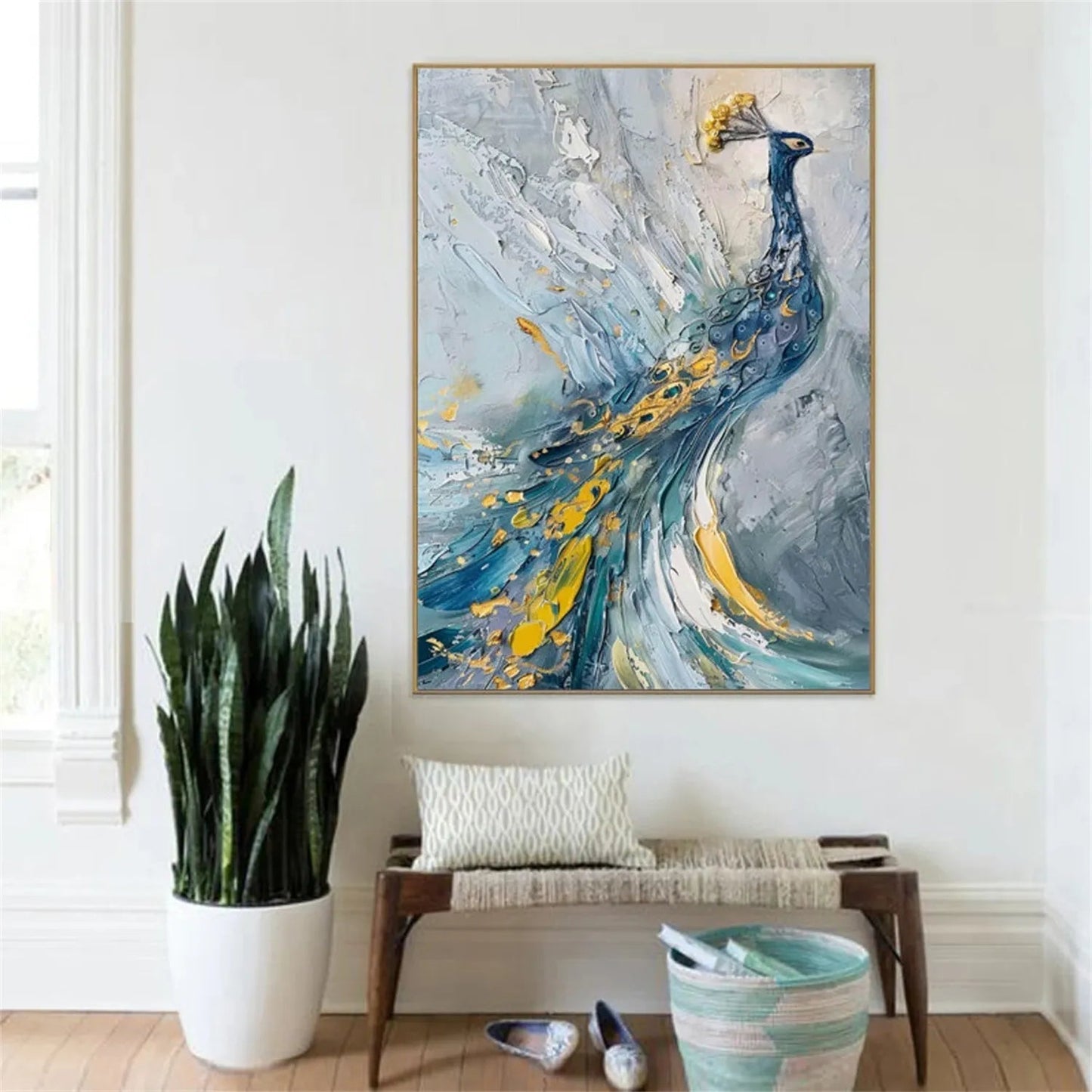 Minimalist Textured Peacock Oil Painting - Large White and Gold Bird Wall Art #ZZ206