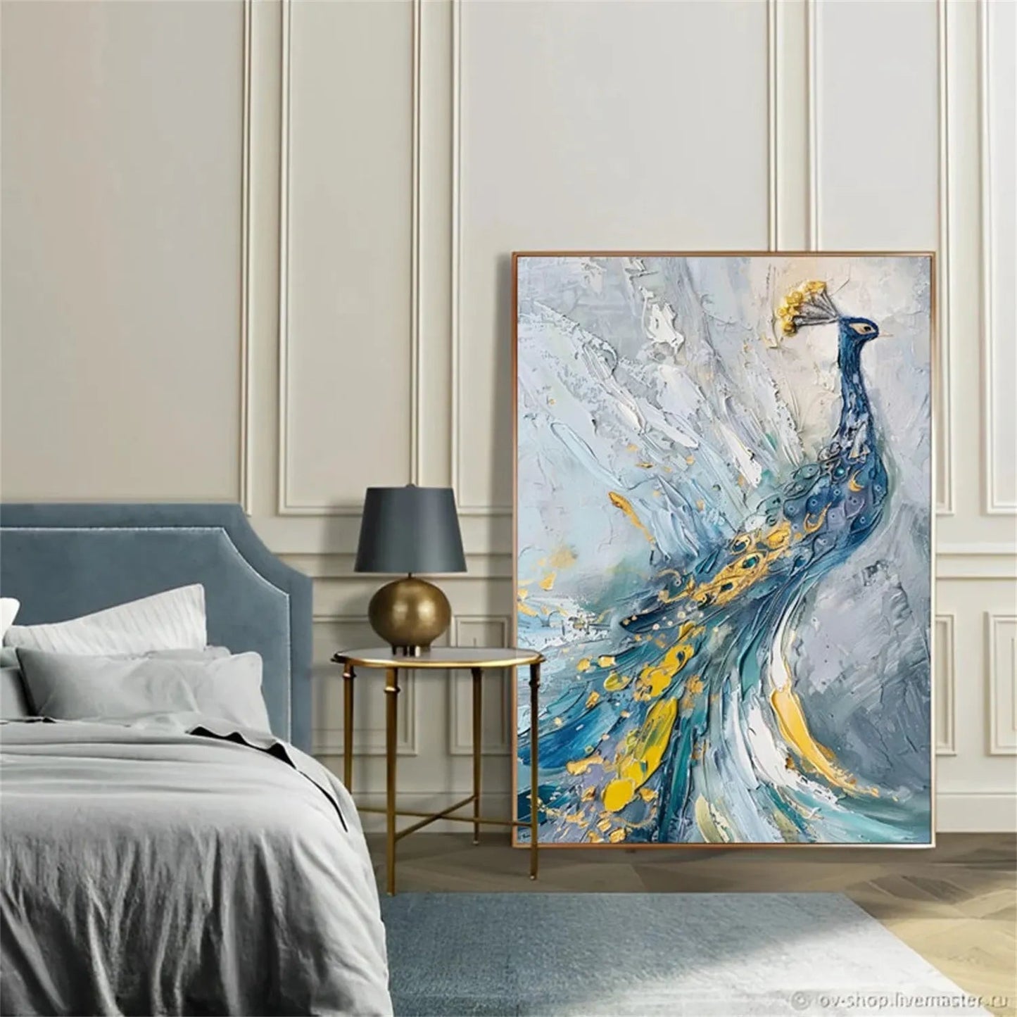 Minimalist Textured Peacock Oil Painting - Large White and Gold Bird Wall Art #ZZ206