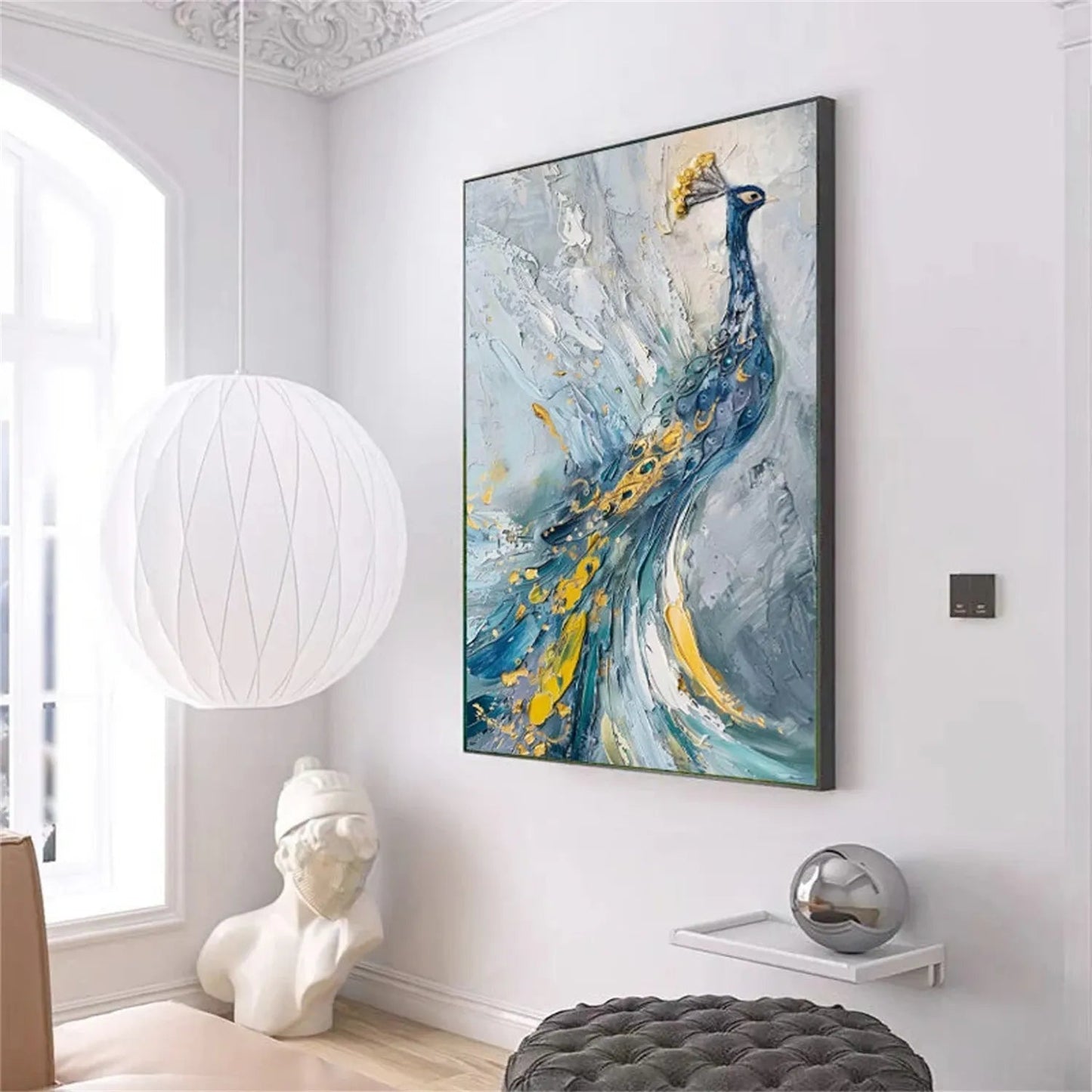 Minimalist Textured Peacock Oil Painting - Large White and Gold Bird Wall Art #ZZ206