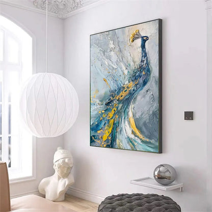 Minimalist Textured Peacock Oil Painting - Large White and Gold Bird Wall Art #ZZ206