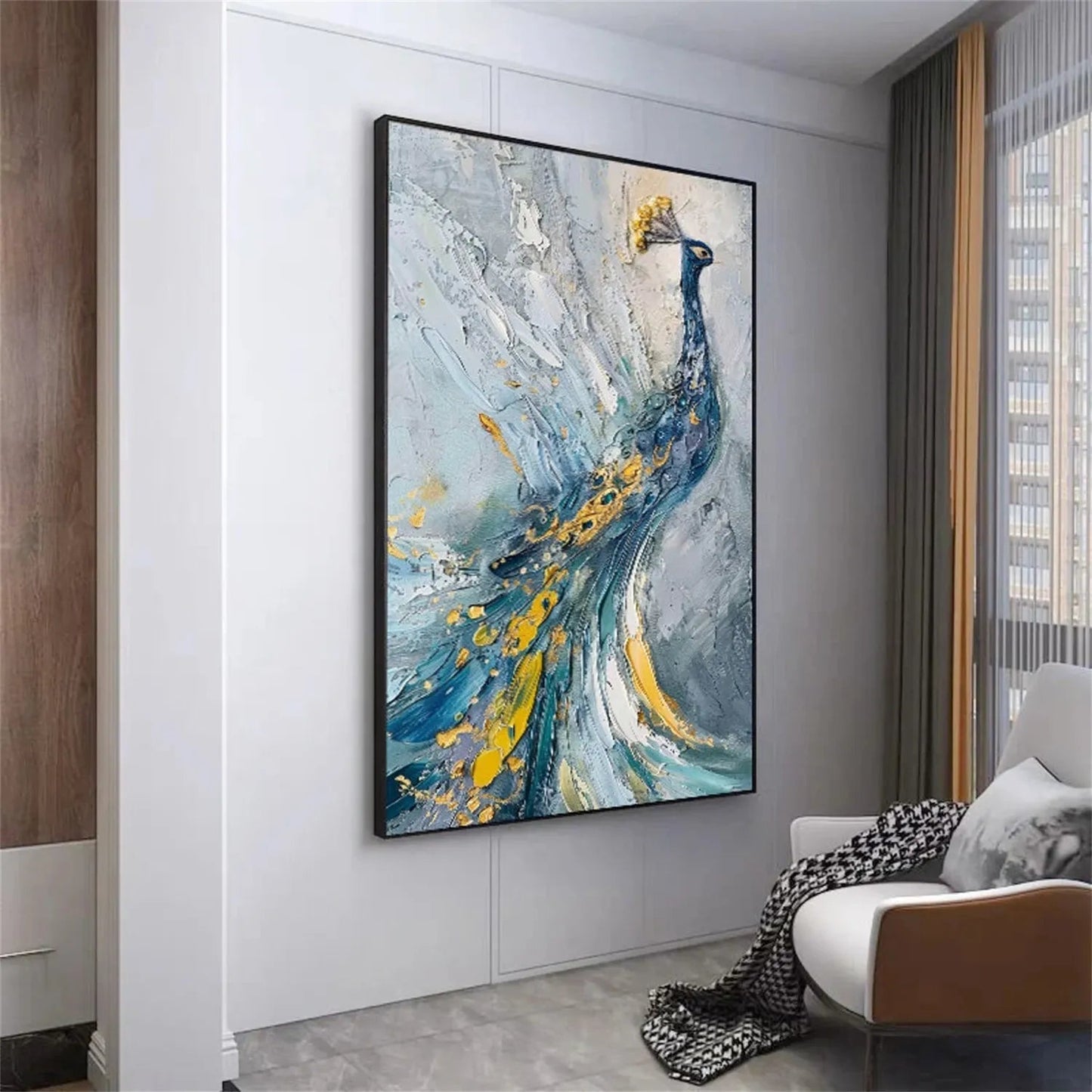 Minimalist Textured Peacock Oil Painting - Large White and Gold Bird Wall Art #ZZ206