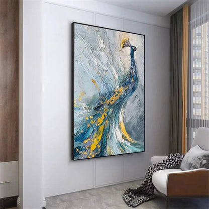 Minimalist Textured Peacock Oil Painting - Large White and Gold Bird Wall Art #ZZ206