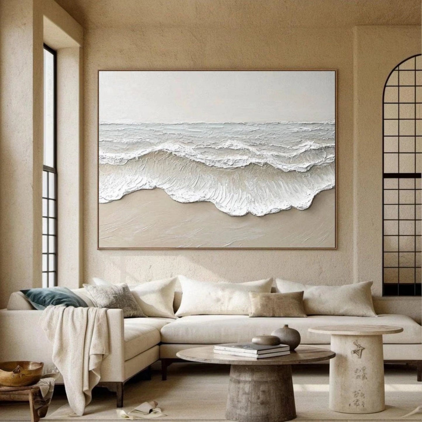 Large hand-painted textured beach wall art with neutral abstract ocean wave detail