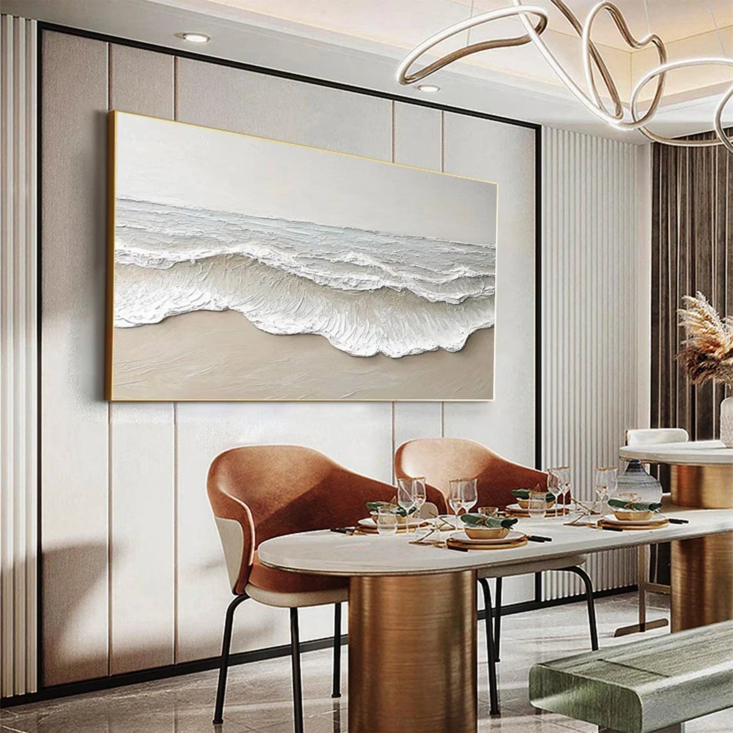 Large hand-painted textured beach wall art with neutral abstract ocean wave detail