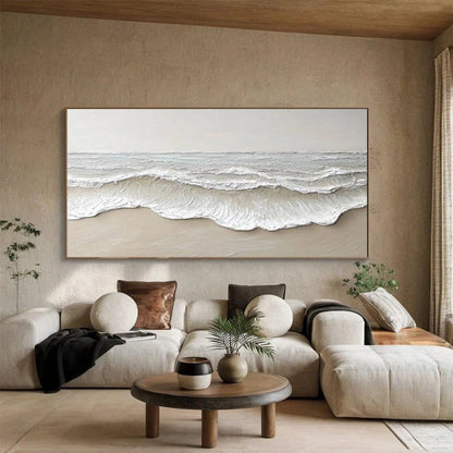 Large hand-painted textured beach wall art with neutral abstract ocean wave detail
