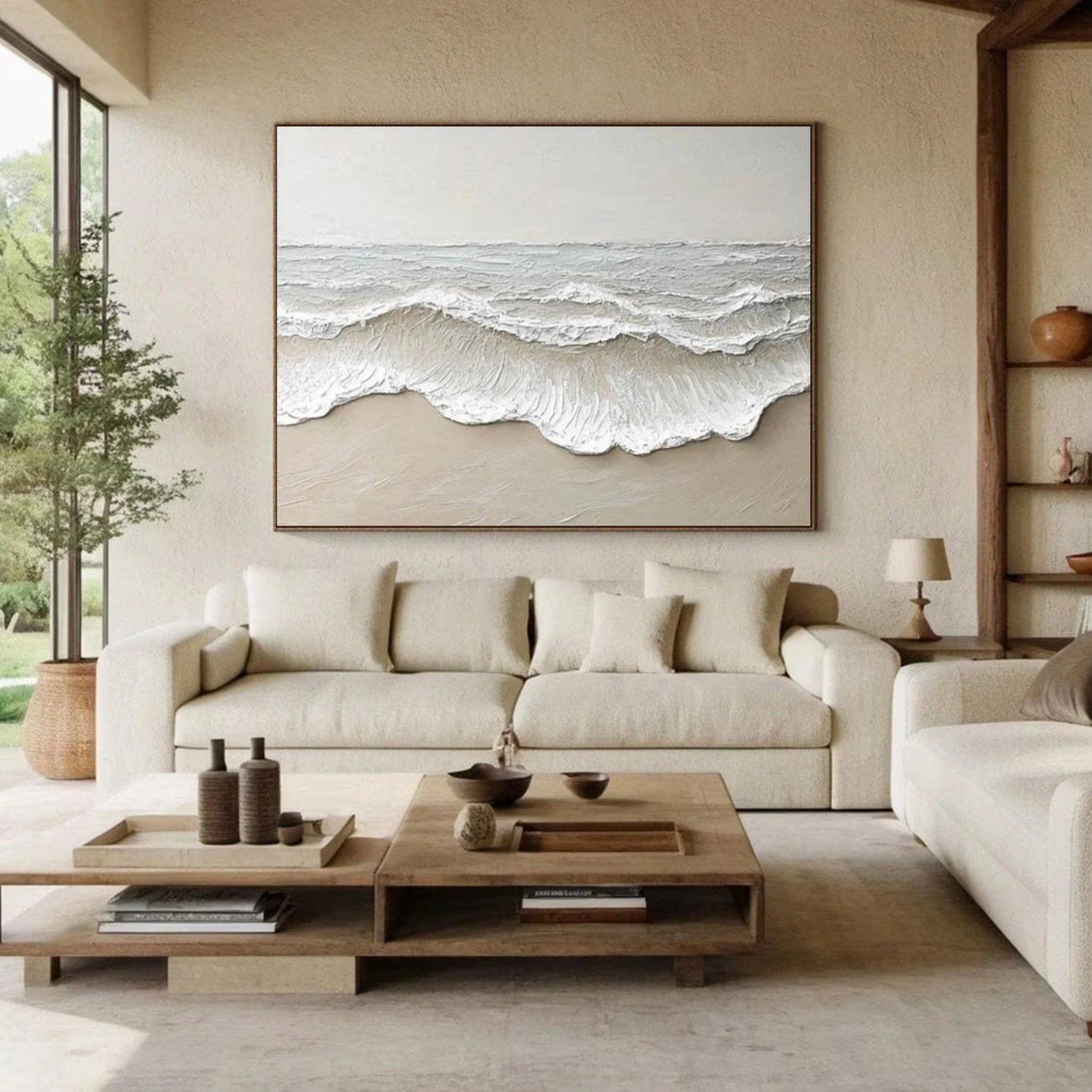 Large hand-painted textured beach wall art with neutral abstract ocean wave detail