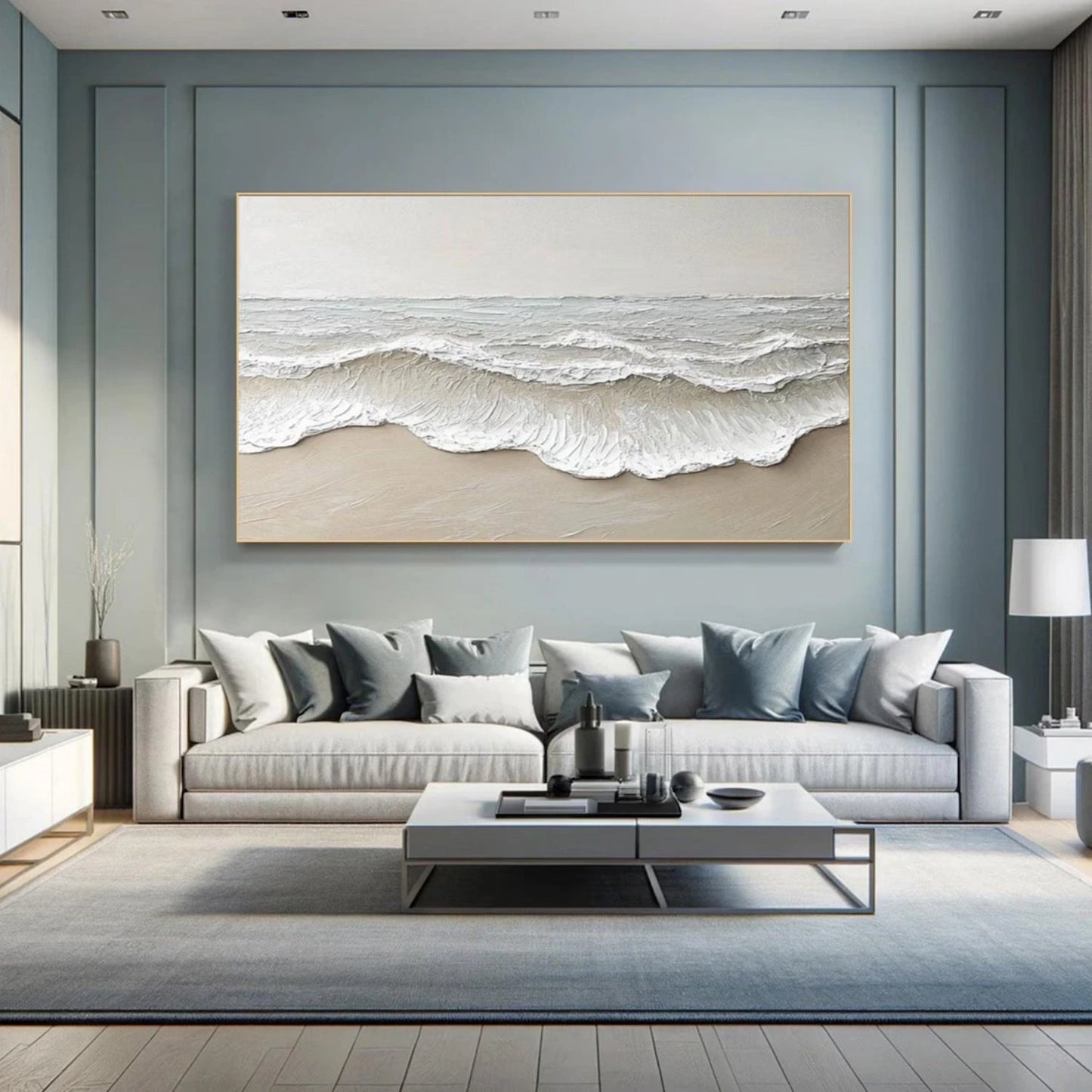 Large hand-painted textured beach wall art with neutral abstract ocean wave detail