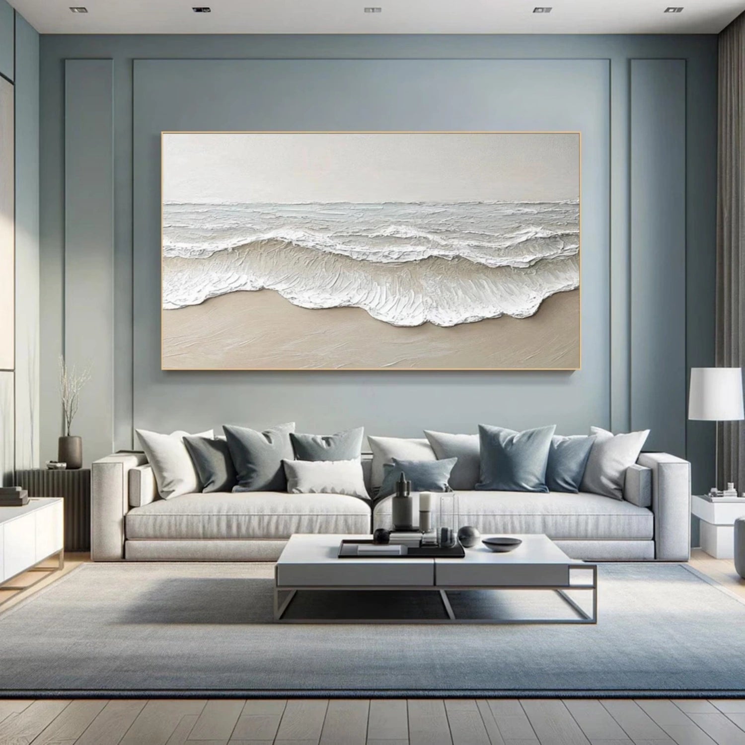 Large hand-painted textured beach wall art with neutral abstract ocean wave detail