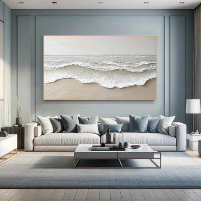 Large hand-painted textured beach wall art with neutral abstract ocean wave detail