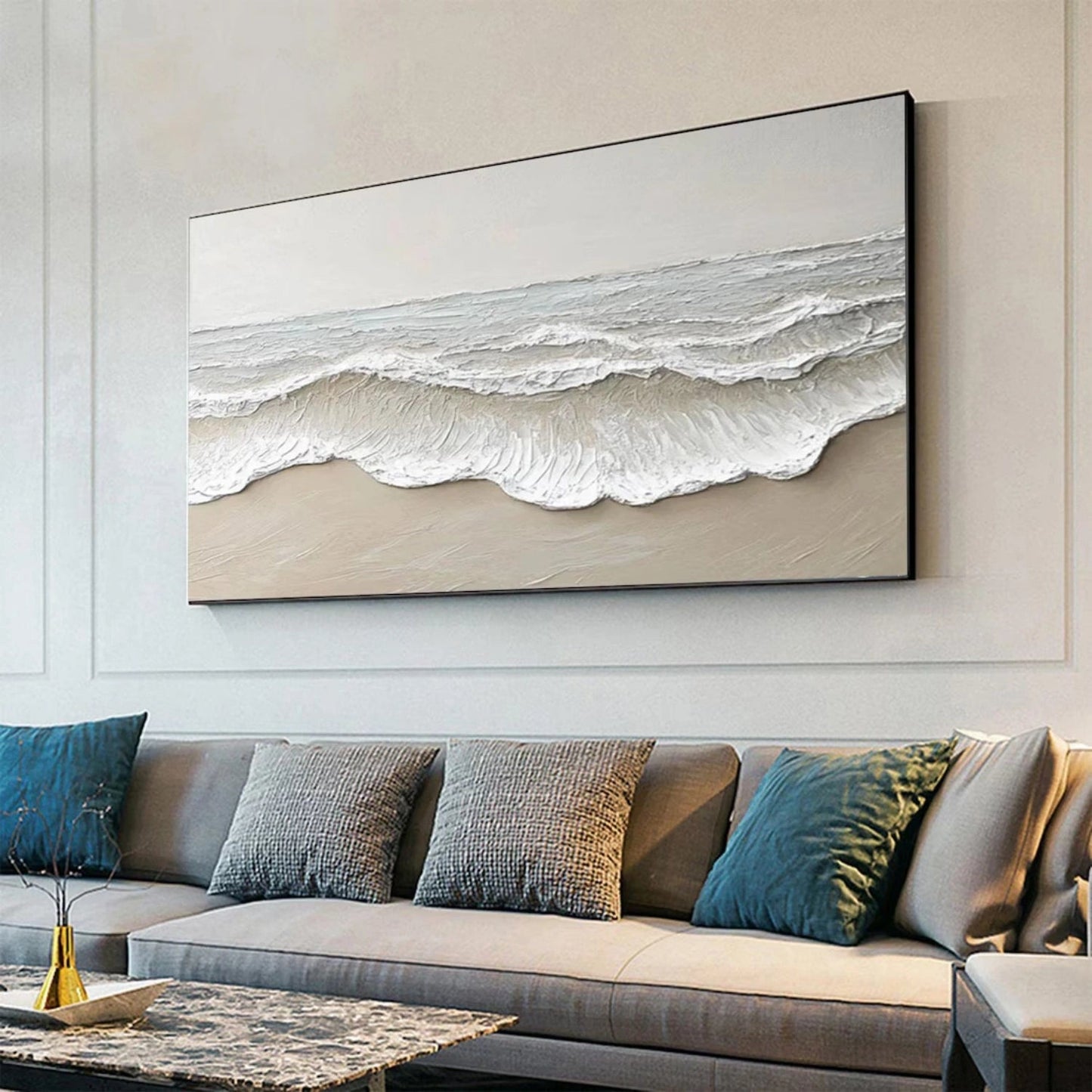 Large hand-painted textured beach wall art with neutral abstract ocean wave detail