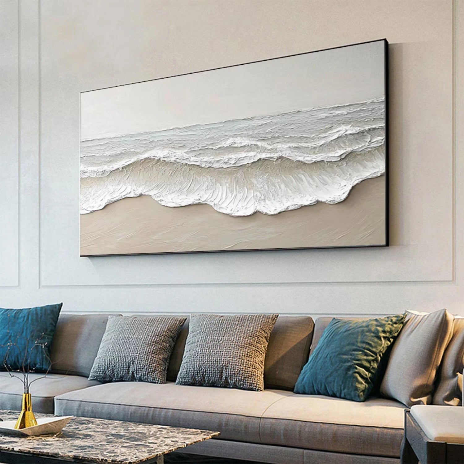 Large hand-painted textured beach wall art with neutral abstract ocean wave detail