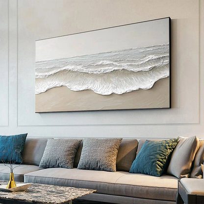 Large hand-painted textured beach wall art with neutral abstract ocean wave detail