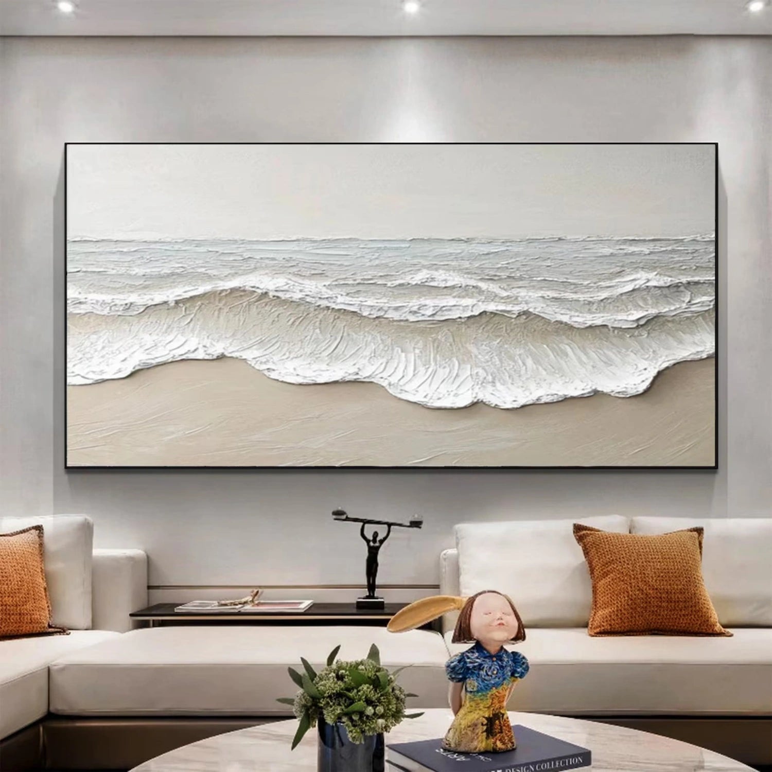 Large hand-painted textured beach wall art with neutral abstract ocean wave detail