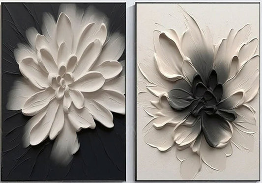 Modern 3D Textured Black & White Flower Painting Set - Large Minimalist Floral Diptych Art on Canvas #JJ085