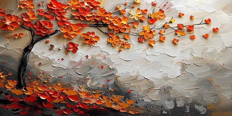 Modern Textured Tree Oil Painting - Large Abstract Orange Foliage Wall Art on Canvas #JJ302