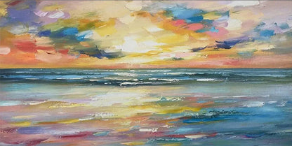 Modern Colorful Sunset Seascape Art - Large Hand-Painted Textured Ocean Oil Painting on Canvas #JJ192
