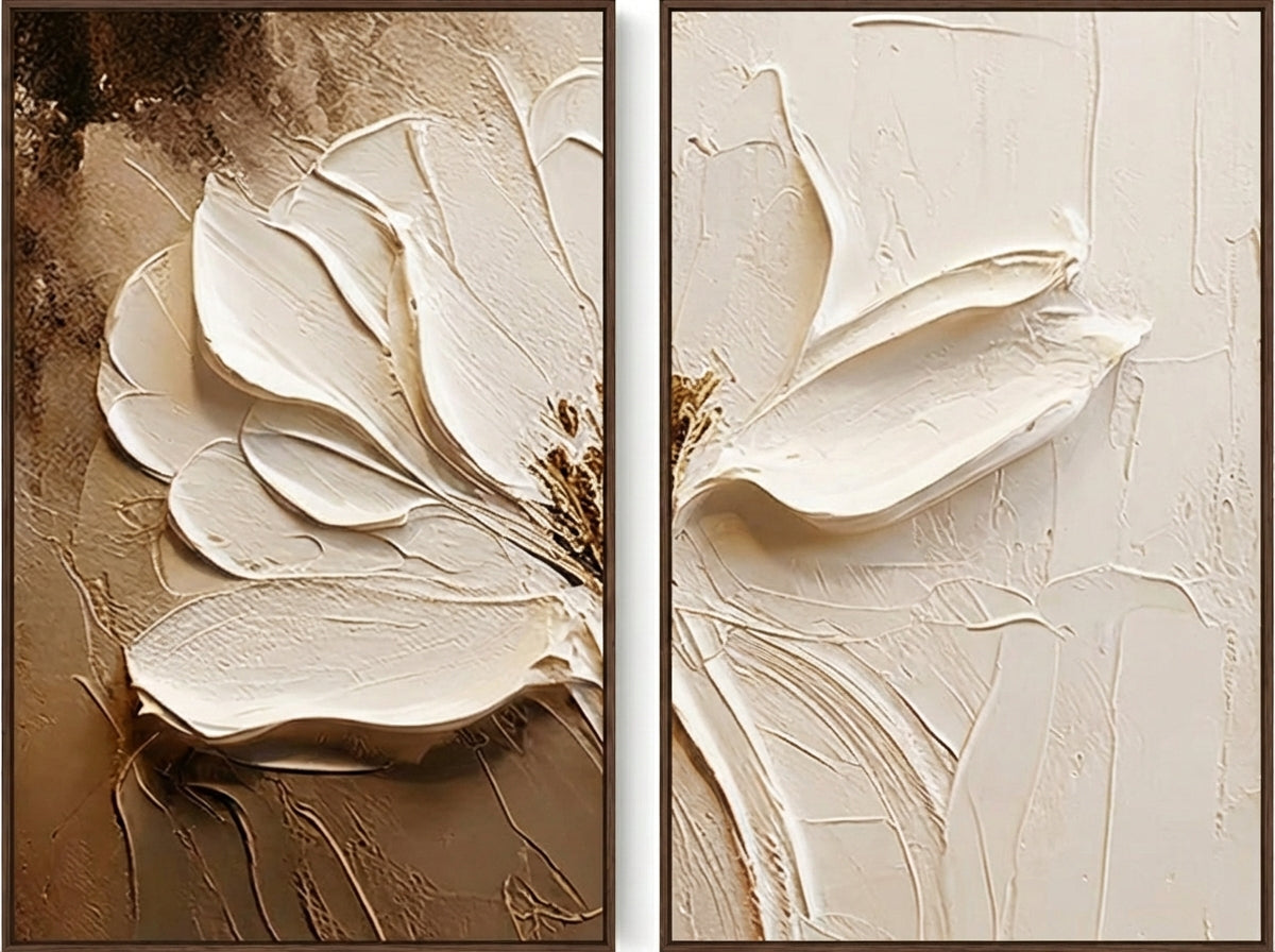 Large hand-painted neutral boho textured white flower diptych oil painting