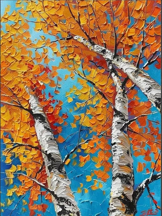 Autumn Birches Hand-Painted Oil Painting - Large Textured Orange Leaves Canvas Art for Home Office #JJ349