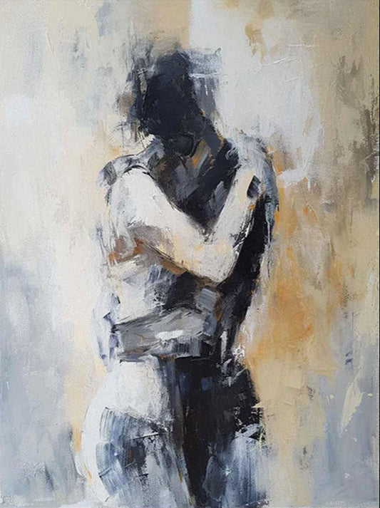 Minimalist Textured Embracing Couple Oil Painting - Modern Hand-Painted Abstract Figure Art #TB048
