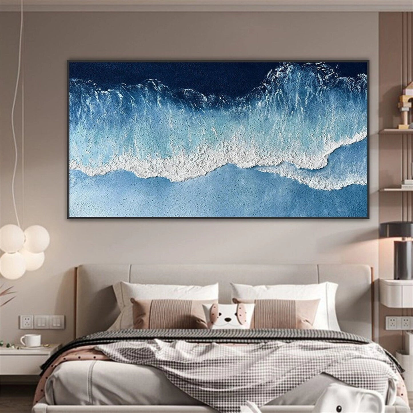 Modern Textured Ocean Wave Wall Art - Large Vertical Blue Abstract Canvas Painting #ZZ066