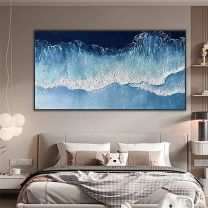 Modern Textured Ocean Wave Wall Art - Large Vertical Blue Abstract Canvas Painting #ZZ066